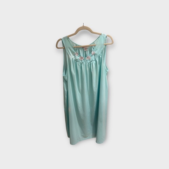 Shadowline 1X Aqua Blue Nylon Nightgown Sleeveless Roses Trim Sleepwear - Picture 1 of 5